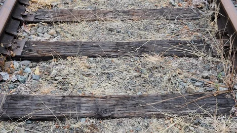 Upwards pan shot of empty rural railroad tracks on an overcast day Stock Footage 97311987