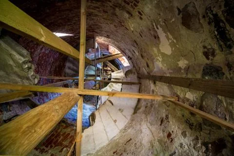 Upwards view from inside of old lighthouse Stock Photos