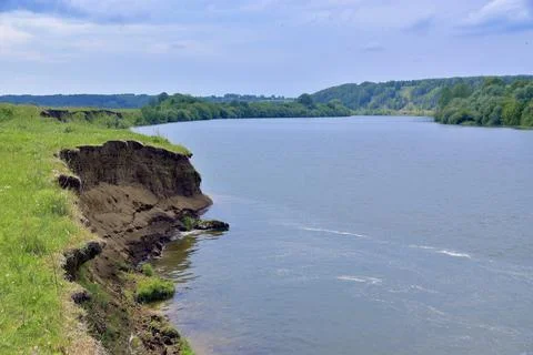 The Ural river Sylva flows under the mountain in the river valley, near the v Stock Photos