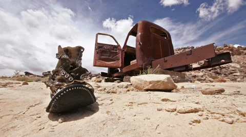 Uranium Badlands Ghost Town Old Boot and Rusty Truck Low Angle Stock Footage 38146736