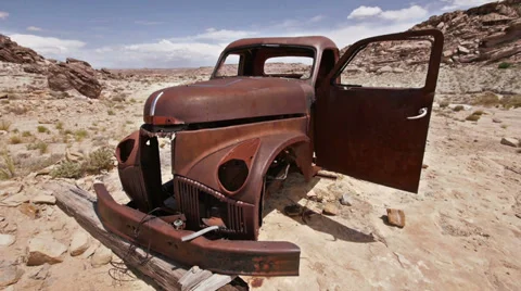 Uranium Badlands Ghost Town Old Rusty Truck Door Open Extreme Wide Stock Footage 38147247