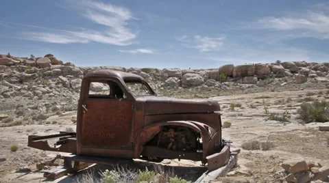 Uranium Badlands Ghost Town Relics Old Rusty Truck Wide Shot Profile Stock Footage 37898491