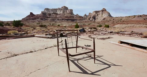 Uranium Badlands Temple Mountain Utah Abandoned Mining Area Old Chair Locked Stock Footage 48496284
