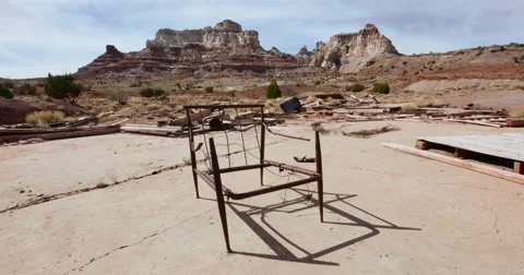 Uranium Badlands Temple Mountain Utah Abandoned Mining Area Old Chair Stock Footage 48496462
