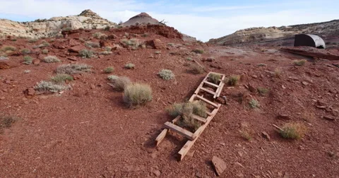 Uranium Badlands Temple Mountain Utah Abandoned Mining Area Old Ladder Panning Stock Footage 48496501