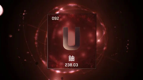 Uranium as Element 92 of the Periodic Table 3D illustration on red background Video stock 126453133