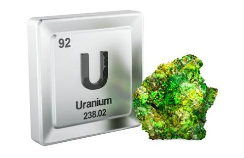 Uranium element symbol with radioactive ore rock. 3D rendering Stock Illustration