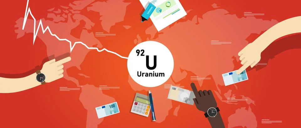 Uranium price going down decrease cheaper in metal mineral nuclear Stock Illustration