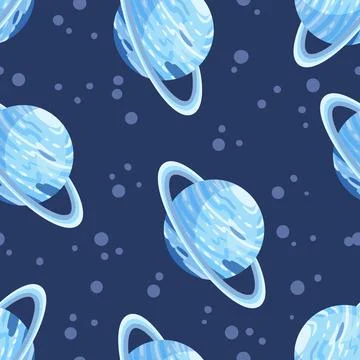 Uranus abstract seamless space pattern background with planets with rings. So Stock Illustration