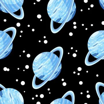 Uranus abstract seamless space pattern background with planets with rings on Stock Illustration