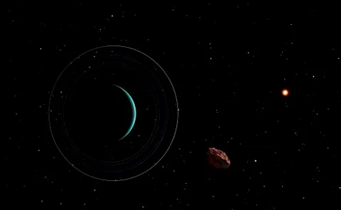 Uranus and most of its nine major rings along with the distant Sun and an inner Stock Illustration