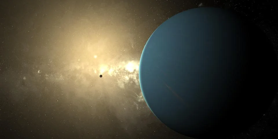 Uranus planet with Puck moon orbiting and sun and solar atmosphere Illustration