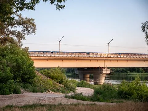 Urbain train going through the metro bridge from the left to the right bank o Stock Photos
