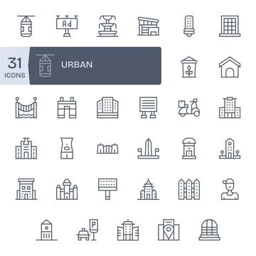 Urban 128x128 Vector Icon Pack with 35 Regular Line Detail Enhanced Elements Stock Illustration
