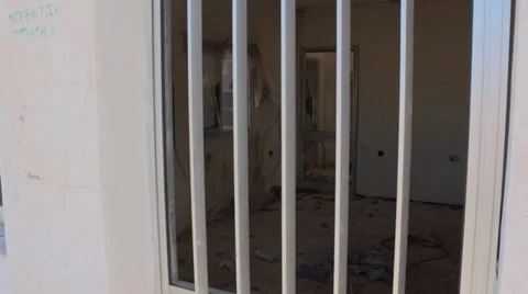 Urban Abandoned Scary Window Bars Blowing Curtain Video stock 33802015