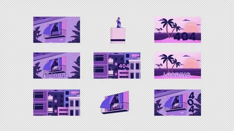 Urban and tropical loading 404 error scenes cartoon animation pack Stock Footage 345046848