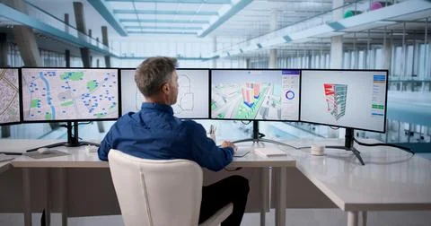 Urban Architect Man Using GIS Software For Construction Mapping Project Stock Photos