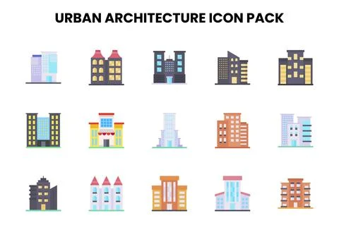 Urban Architecture Flat Set Icons Pack Stock Illustration