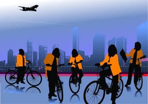 Urban background with five bicycles image. Vector illustration Stock Illustration