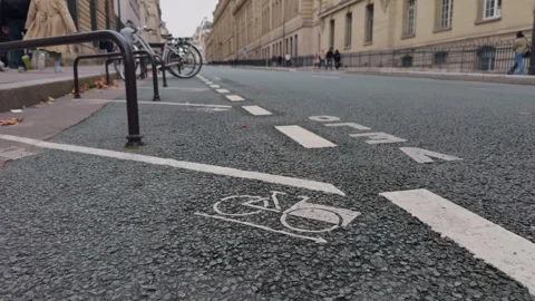 An Urban Bicycle Path featuring Bicycle Icon Markings clearly displayed on the Stock Footage 318555252