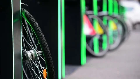 Urban bicycle sharing system wheel detail 動画素材 69750807