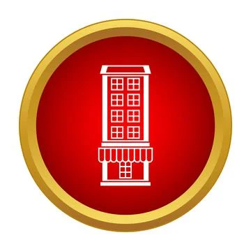 Urban building with storefront icon on red circle Ilustración de archivo