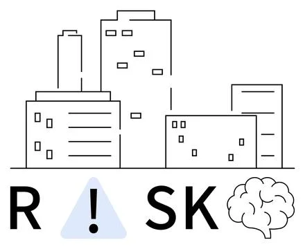 Urban Buildings with Text Emphasizing Risk and Caution Symbols for Awareness イラスト素材