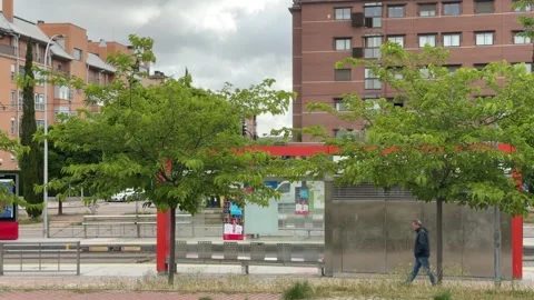 Urban bus stop with trees and residential buildings Stock Footage 336733769