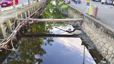 An urban canal view surrounded by trees, roads and buildings Stock Footage 309845188