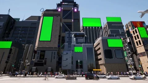 Urban City, Billboard Mockup, Sci-Fi, Steamship, Helicopter, Green Screen, 4K Stock Footage 221380180