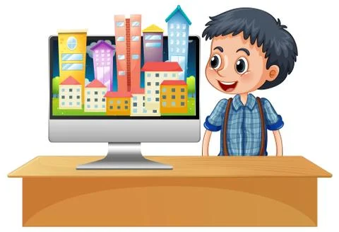 Urban city on computer screen desktop Stock Illustration