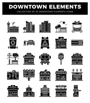 Urban city icon elements for graphic design.  Black silhouette icons showca.. イラスト素材