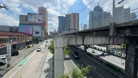 Urban Cityscape with Elevated Train Tracks and Traffic in Mandaluyong 4K 60fps Vidéo 338278126