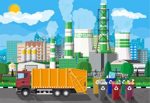 Urban cityscape with garbage car and factory Stock Illustration
