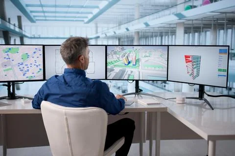 Urban Construction Architect Using GIS Software Maps For Property Valuation P Stock Photos