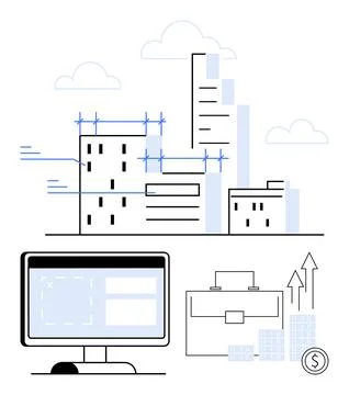 Urban construction with skyscrapers under development, computer screen, brief Illustrazione stock