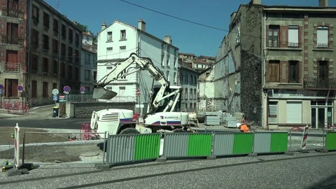 Urban construction work backhoe Saint Etienne city France Stock Footage 111993004