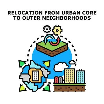 Urban core decentralization movement to outer neighborhoods Stock Illustration