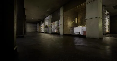 Urban corridor featuring empty storefronts at dusk in a city setting Ilustración de archivo