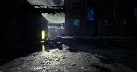 Urban decay captured in a dimly lit abandoned industrial area Ilustración de archivo