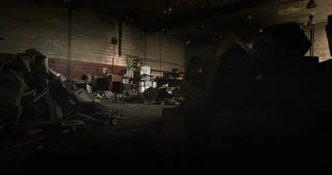 Urban Decay - Computer Piled in Abandoned School Gym - 4K Realtime Stock-Footage 86093050