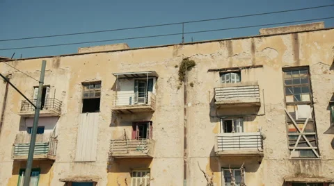 Urban decay day-time, facade of old broken building block Stock Footage 47146359