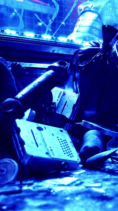 Urban decay with discarded items in a blue lit setting at night Stock Footage 339507145