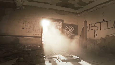 Urban Decay - Sun Rays Through Door in Abandoned Church - Drone Stock Footage 85680683