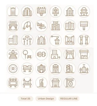 Urban Design Vector Icon Collection with 35 256x256 Regular Line Designs Stock Illustration
