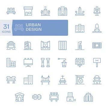 Urban Design Vector Icon Toolkit featuring 35 Editable 64x64 Regular Line e.. Stock Illustration