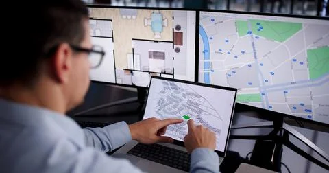 Urban Developer Mapping Land Plans For City Construction Project Businessman Foto stock