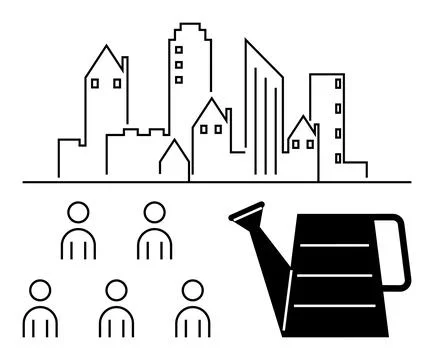 Urban Development Concept with Community Figures and Watering Can for Growth Stock Illustration