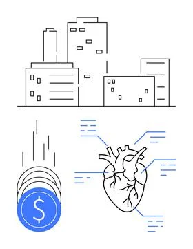 Urban Development Depicted with Buildings, Falling Coin and Anatomical Hear.. Ilustración de archivo