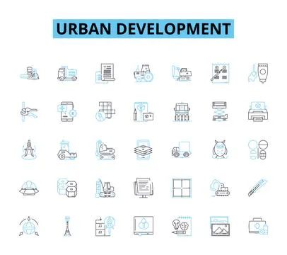 Urban development linear icons set. Gentrification, Redevelopment, Density Illustrazione stock